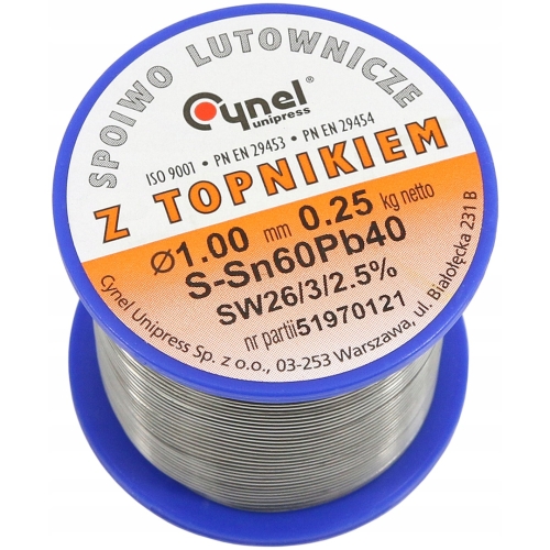 CYNA OŁOWIOWA CYNEL 1mm 250g - OŁOWIOWE SPOIWO LUTOWNICZE Z TOPNIKIEM 2.5%