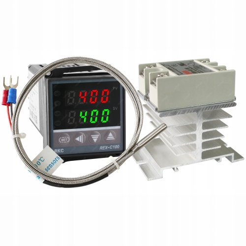 REGULATOR TEMPERATURY STEROWNIK REX C100V+ CZUJNIK TYP K+ SSR 40A +RADIATOR