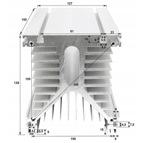 RADIATOR ALUMINIOWY DO PRZEKAŹNIK PÓŁPRZEWODNIKOWY 1 FAZOWYCH SSR DO 150A