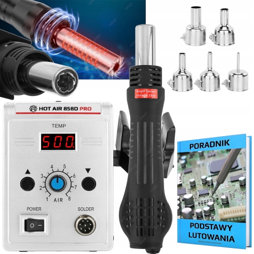 MOCNA STACJA LUTOWNICZA HOT AIR SPAWARKA DO PLASTIKU 858D PRO 700W+PORADNIK