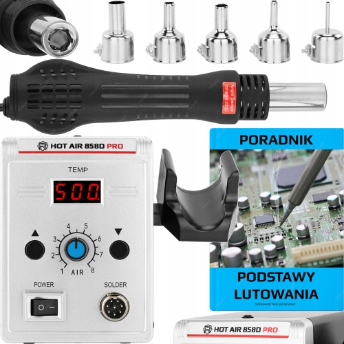 MOCNA STACJA LUTOWNICZA HOT AIR SPAWARKA DO PLASTIKU 858D PRO 700W+PORADNIK