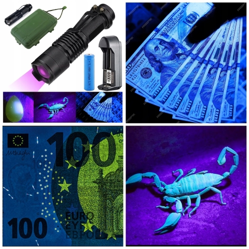 LATARKA LED UV 5W 395nm ZESTAW SURVIVALOWY W ETUI + AKUMULATOR + ŁADOWARKA