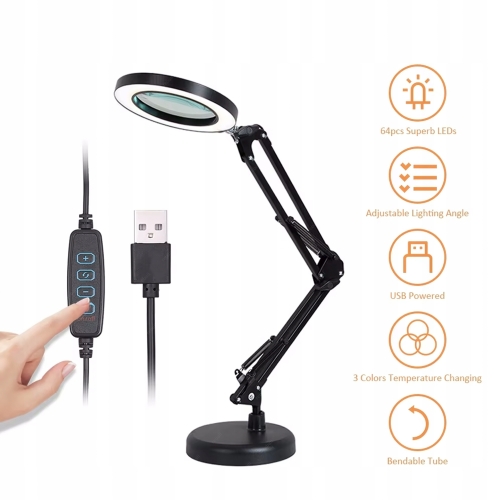 LUPA SZKŁO POWIĘKSZAJĄCE 105mm 3X LAMPA LED PIERŚCIENIOWA SERWISOWA 12W USB