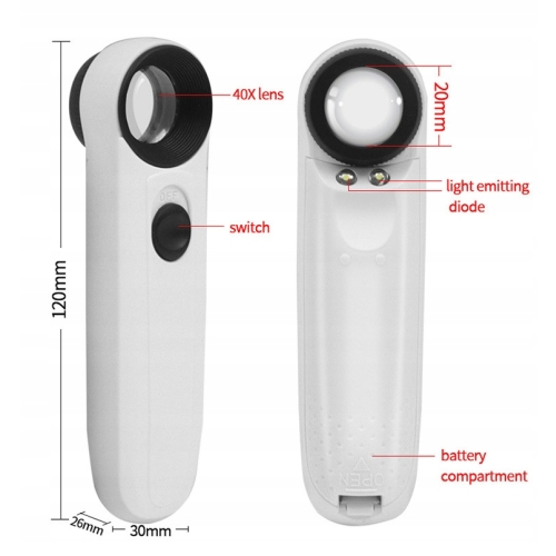 LUPA POWIĘKSZAJĄCA 40x 21mm NUMIZMATYKA JUBILER SERWIS PODŚWIETLENIE 2x LED