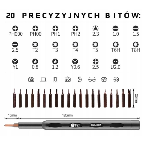 ZESTAW ŚRUBOKRĘTÓW PRECYZYJNYCH BITÓW TORX BEST BST-8930A DO TELEFONÓW 20w1