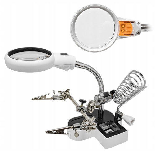 TRZECIA RĘKA DO LUTOWANIA RT0180 UCHWYT PCB LUPA 65mm 2x LED UCHWYT KOLBY