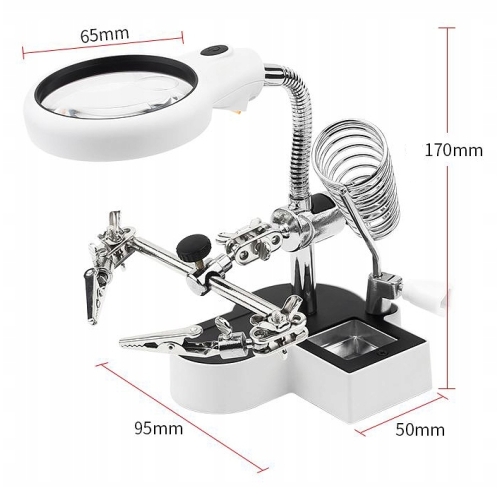 TRZECIA RĘKA DO LUTOWANIA RT0180 UCHWYT PCB LUPA 65mm 2x LED UCHWYT KOLBY