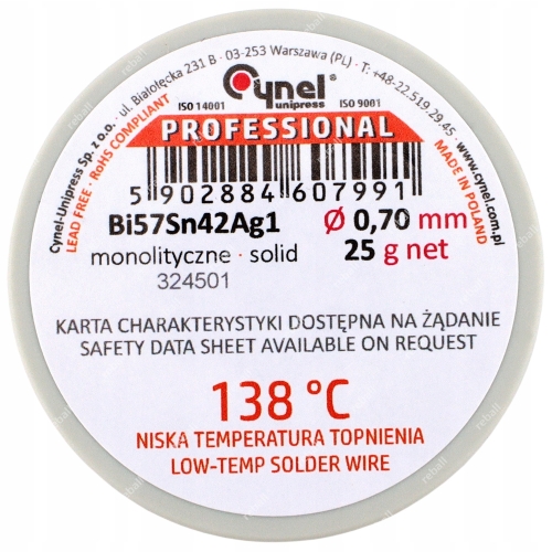 CYNA NISKOTOPLIWA Z BIZMUTEM CYNEL 138C 25g 0,70mm- NAJWYŻSZA POLSKA JAKOŚĆ