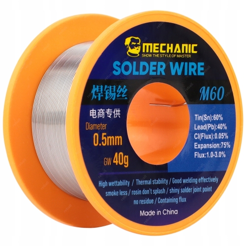 CYNA DO LUTOWANIA OŁOWIOWA Z TOPNIKIEM Sn60Pb40 0.5mm 20g MECHANIC M60