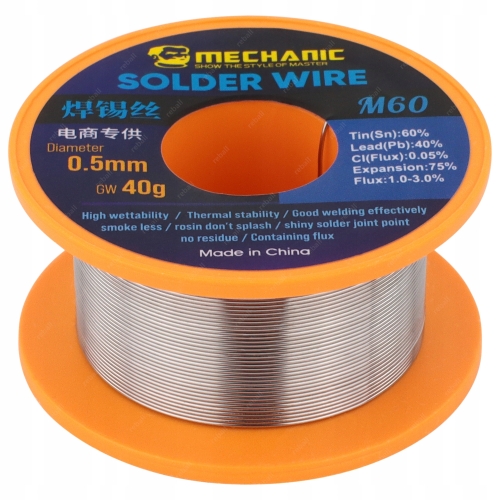 CYNA DO LUTOWANIA OŁOWIOWA Z TOPNIKIEM Sn60Pb40 0.5mm 20g MECHANIC M60
