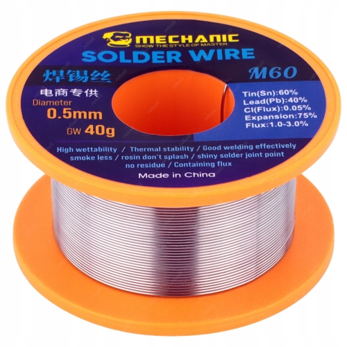 CYNA DO LUTOWANIA OŁOWIOWA Z TOPNIKIEM Sn60Pb40 0.5mm 20g MECHANIC M60