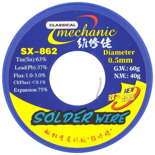 CYNA DO LUTOWANIA OŁOWIOWA Z TOPNIKIEM Sn63Pb37 0.5mm 40g MECHANIC SX-862