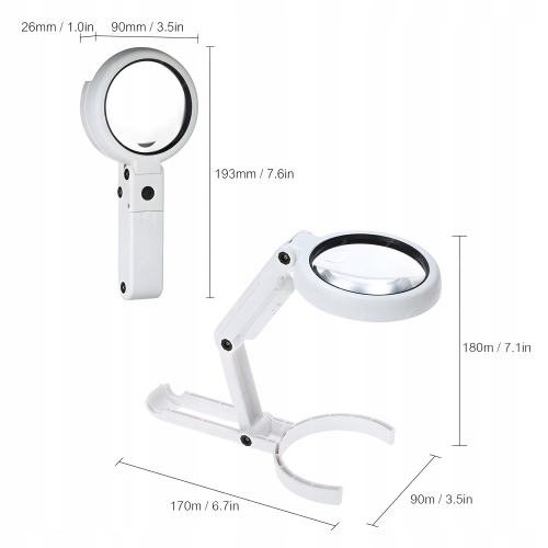 DUŻA LUPA NUMIZMATYCZNA SZKŁO POWIĘKSZAJĄCE SKŁADANA 5X75mm + 10X19mm 8xLED
