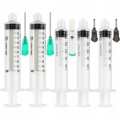 ZESTAW DOZOWNICZY 5x STRZYKAWKA 5x IGŁA 2x BUTELKA Z PĘDZELKIEM LDPE 60ml