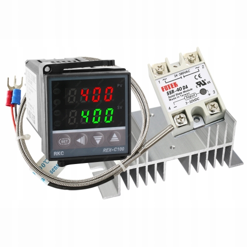 REGULATOR TEMPERATURY STEROWNIK REX C100V+ CZUJNIK TYP K+ SSR 40A +RADIATOR