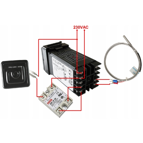 REGULATOR TEMPERATURY STEROWNIK REX C100V+ CZUJNIK TYP K+ SSR 40A +RADIATOR