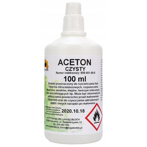ACETON TECHNICZNY CZYSTY ODTŁUSZCZACZ ZMYWACZ ROZPUSZCZALNIK FARB 100ml