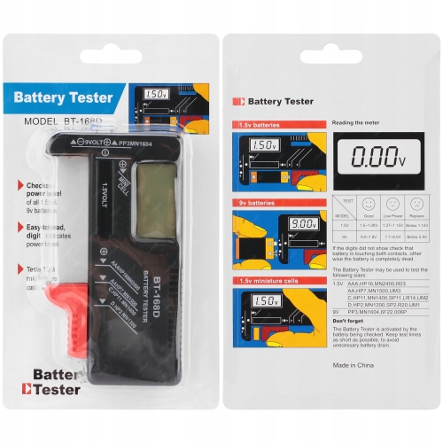 CYFROWY TESTER BATERII AA AAA R14 6LR CR2032 BT-168D MIERNIK AKUMULATORÓW