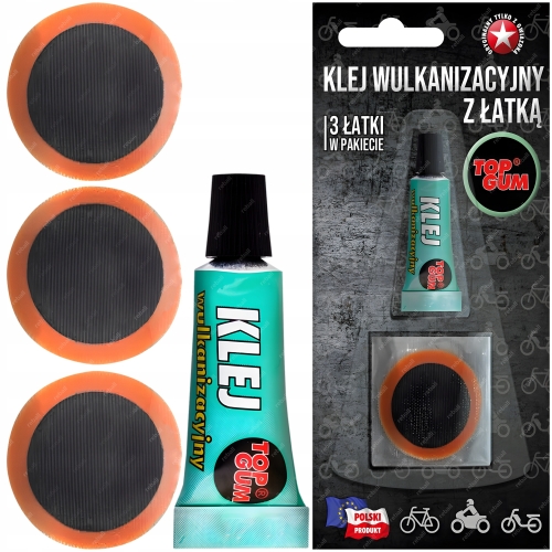 MOCNY KLEJ WULKANIZACYJNY TOPGUM + 3 ŁATKI BŁYSKAWICZNY DO GUMY OPONA DĘTKA