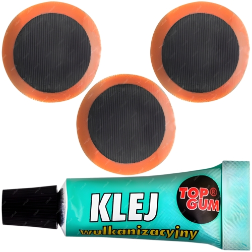 MOCNY KLEJ WULKANIZACYJNY TOPGUM + 3 ŁATKI BŁYSKAWICZNY DO GUMY OPONA DĘTKA