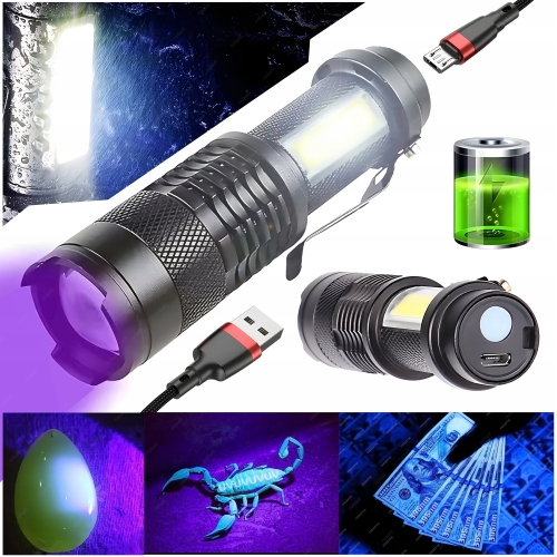 LATARKA LED UV 5W 395nm + COB WBUDOWANY AKUMULATOR USB ZESTAW 2w1 RT0328