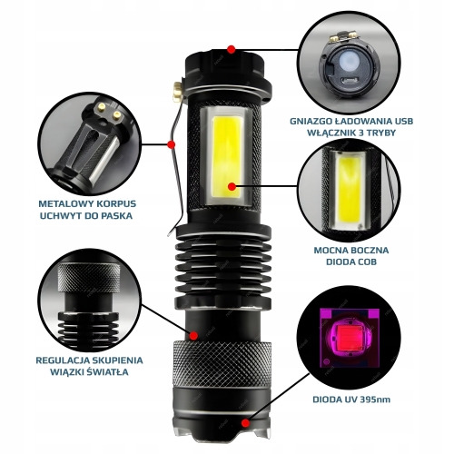 LATARKA LED UV 5W 395nm + COB WBUDOWANY AKUMULATOR USB ZESTAW 2w1 RT0328