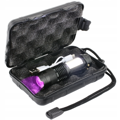 LATARKA LED UV 5W 395nm+COB WBUDOWANY AKUMULATOR USB 2w1 RT0328 ZESTAW ETUI