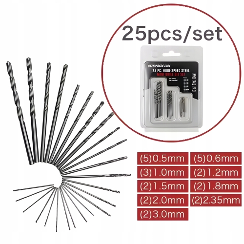 MINI WIERTŁA DO METALU MODELARSKIE PRECYZYJNE ZESTAW 25szt. OD 0.5 - 3.0mm
