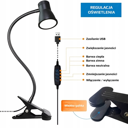 LAMPKA NA BIURKO LAMPA LED BIURKOWA NA KLIPS MOCNA GĘSIA SZYJA 5W USB PILOT