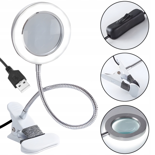 LAMPA LED Z LUPĄ UCHWYTEM DO STOŁU PIERŚCIENIOWA SERWISOWA 10W USB RT0370