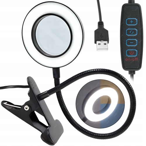LAMPA LED Z LUPĄ UCHWYTEM DO STOŁU PIERŚCIENIOWA SERWISOWA 10W USB RT0371