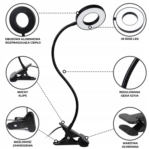 LAMPA LED Z LUPĄ UCHWYTEM DO STOŁU PIERŚCIENIOWA SERWISOWA 10W USB RT0371