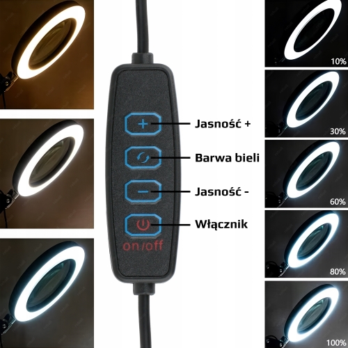 LAMPA LED Z LUPĄ UCHWYTEM DO STOŁU PIERŚCIENIOWA SERWISOWA 10W USB RT0371