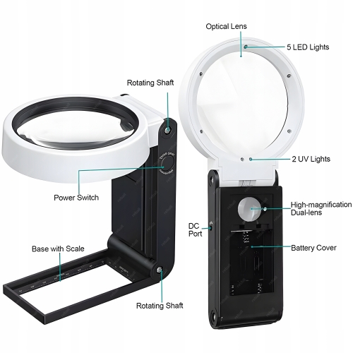 LUPA SZKŁO POWIĘKSZAJĄCE DO CZYTANIA Z PODŚWIETLENIEM LED UV 6x80mm+25x18mm