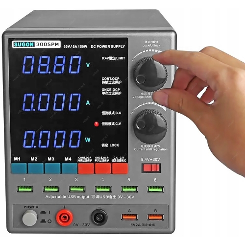 SERWISOWY ZASILACZ LABORATORYJNY REGULOWANY TOROID SUGON 3005PM 30V 5A USB
