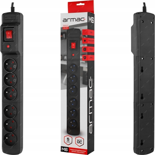 PRZEDŁUŻACZ LISTWA ZASILAJĄCA ANTYPRZEPIĘCIOWA 6 GNIAZD ARCON M6 2500W 3m
