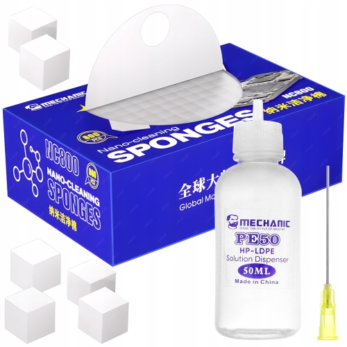 ZESTAW GĄBKI NANO DO CZYSZCZENIA PCB ELEKTRONIKI 800x BUTELKA MECHANIC 50ml