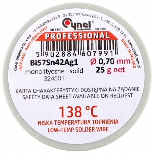 TOPNIK LUTOWNICZY ŻEL Cynel EVO-TF 10ml TŁOK CYNA 25g 0,7mm 138°C IGŁA 18G