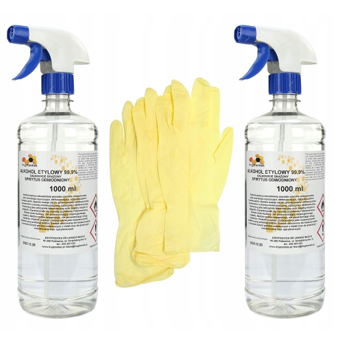 ALKOHOL ETYLOWY 99,9% ETANOL SPIRYTUS CAŁKOWICIE SKAŻONY 2L + 5 PAR RĘKAWIC