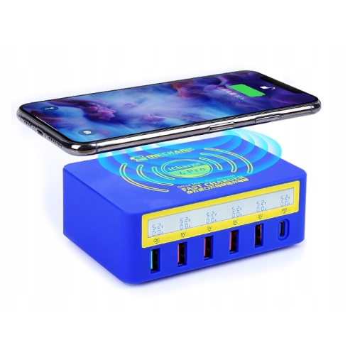 ŁADOWARKA USB C USB A BEZPRZEWODOWA QC 3.0 + PD + INDUKCYJNA - 6 USB + IND