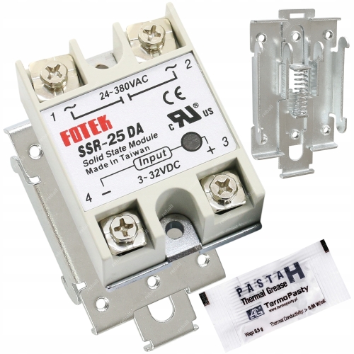 ZESTAW PRZEKAŹNIK SSR 25A DA + UCHWYT NA SZYNĘ DIN TH35 45mm + PASTA TERMO