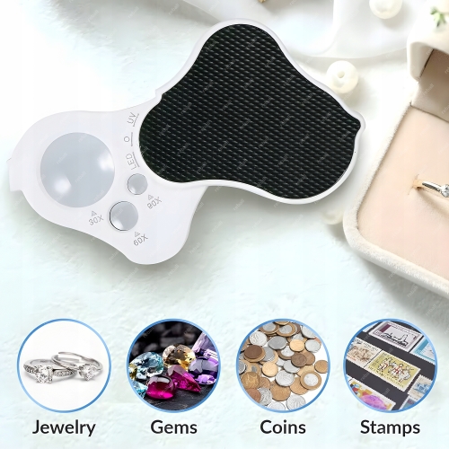 LUPA JUBILERSKA SZKŁO POWIĘKSZAJĄCE KIESZONKOWA LED+UV 30X 60X 90X RT0348