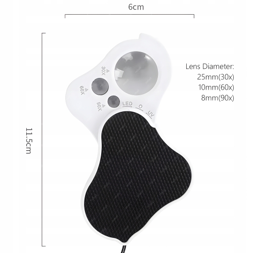 LUPA JUBILERSKA SZKŁO POWIĘKSZAJĄCE KIESZONKOWA LED+UV 30X 60X 90X RT0348