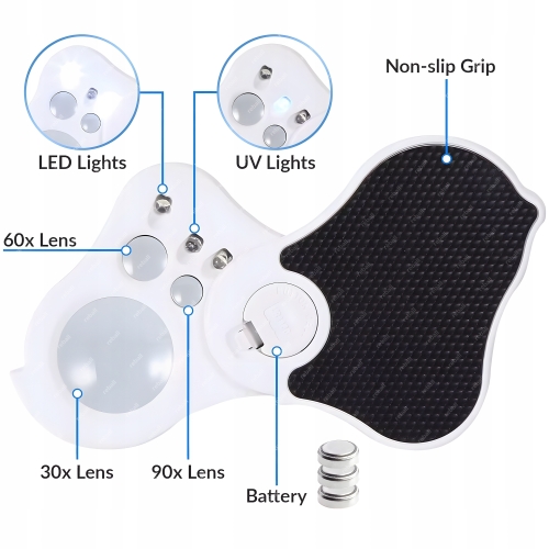 LUPA JUBILERSKA SZKŁO POWIĘKSZAJĄCE KIESZONKOWA LED+UV 30X 60X 90X RT0348