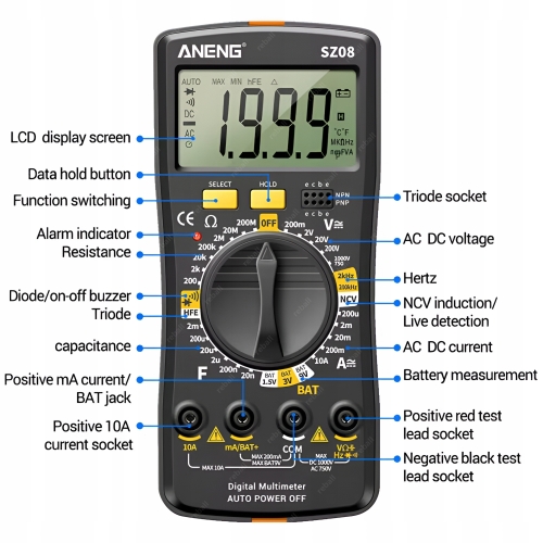 MULTIMETR RĘCZNY UNIWERSALNY MIERNIK CYFROWY NAPIĘCIA ANGEN SZ08 ZESTAW