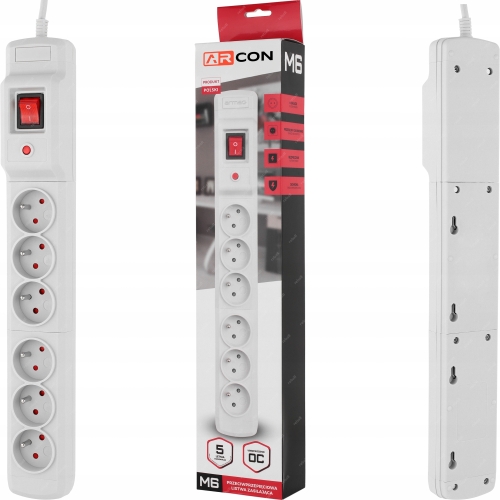 PRZEDŁUŻACZ LISTWA ZASILAJĄCA ANTYPRZEPIĘCIOWA 6 GNIAZD ARCON M6 2500W 1,5m