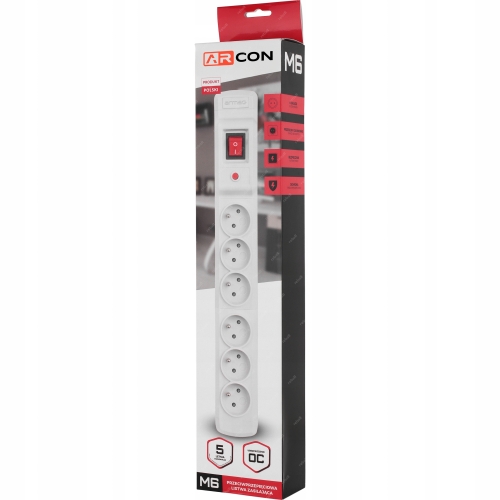 PRZEDŁUŻACZ LISTWA ZASILAJĄCA ANTYPRZEPIĘCIOWA 6 GNIAZD ARCON M6 2500W 1,5m