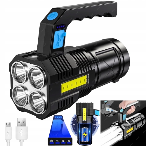 AKUMULATOROWA LATARKA LED Z RĄCZKĄ ŁADOWANIE USB SZPERACZ - MOCNA I TRWAŁA