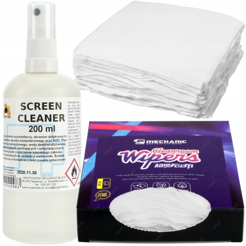 SCREEN CLEANER 200ml DO CZYSZCZENIA EKRANÓW MONITORÓW +ŚCIERECZKI BEZPYŁOWE