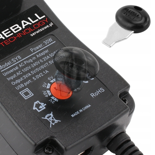 ZASILACZ STABILIZOWANY UNIWERSALNY 3V 4,5V 5V 6V 7,5V 9V 12V 30W 2,5A +USB